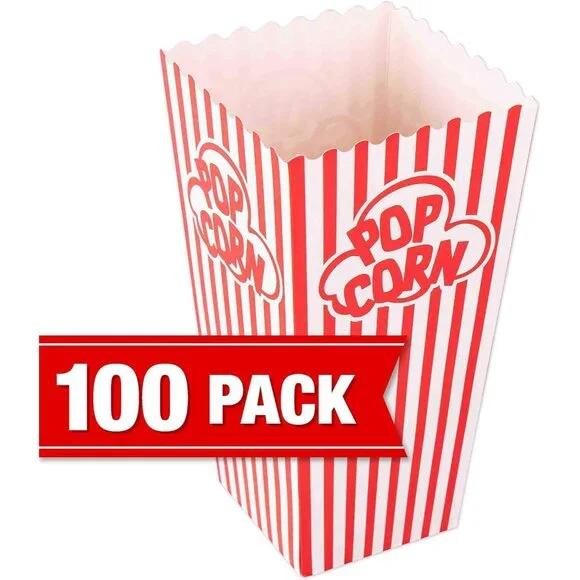 Popcorn Containers Boxes 100 Pack - Striped White and Red Paper - for Home Movie